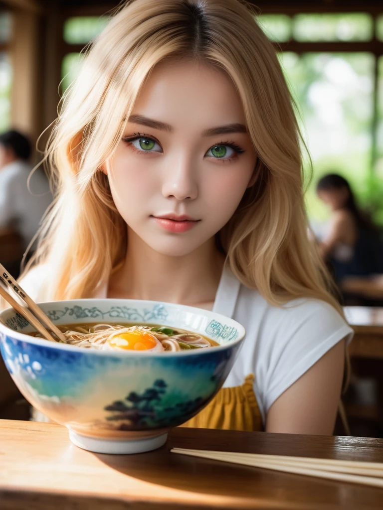 (2 girls) (Two 18-year-olds.o Swedish girls are mysterious, slim and beautiful、Attractive and shy),Holding chopsticks, Eat ramen, Multiple large bowls of steaming hot:1.5 bowls of ramen, Sweaty and oily skin, Subtle laughter,Looking straight at the camera, Perfect slim face,narrow jaw,Highest quality, Professional Lighting, Very detailed, Realistic、Seaweed、Served in an ornate, high-quality porcelain bowl, Upper Body,Beautiful and detailed green eyes,Long golden blonde hair,Blonde eyebrows, smokey eye shadow, Wearing a tube top with white lace strings visible through it, Sunburned face, , Rustic wooden table top, Tokyoのお店, Bokeh,:1.3,Tokyo,God's Rays, Backlit hair, Vintage 2000s RAW photos, photoRealistic, Film Grain, hidden camera, Color graded film-like, Eye-catching light, Atmospheric lighting, Macro photography, Skin pores, Imperfection, nature, Shallow depth of field