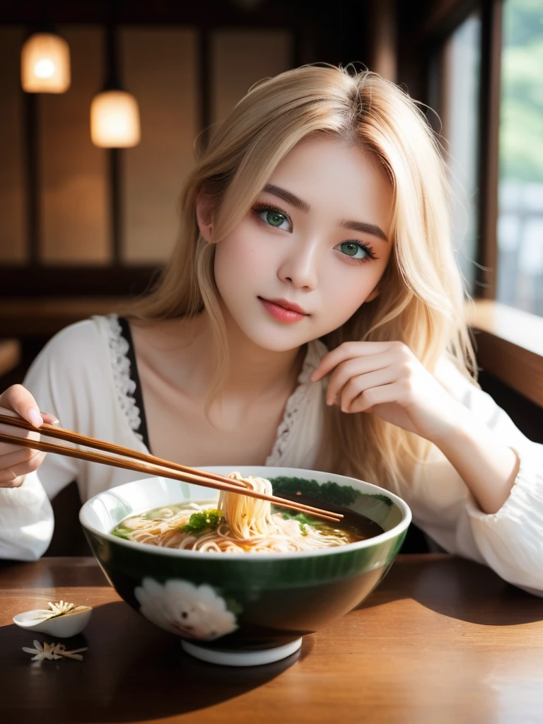 (2 girls) (Two 18-year-olds.o Swedish girls are mysterious, slim and beautiful、Attractive and shy),Holding chopsticks, Eat ramen, Multiple large bowls of steaming hot:1.5 bowls of ramen, Sweaty and oily skin, Subtle laughter,Looking straight at the camera, Perfect slim face,narrow jaw,Highest quality, Professional Lighting, Very detailed, Realistic、Seaweed、Served in an ornate, high-quality porcelain bowl, Upper Body,Beautiful and detailed green eyes,Long golden blonde hair,Blonde eyebrows, smokey eye shadow, Wearing a tube top with white lace strings visible through it, Sunburned face, , Rustic wooden table top, Tokyoのお店, Bokeh,:1.3,Tokyo,God's Rays, Backlit hair, Vintage 2000s RAW photos, photoRealistic, Film Grain, hidden camera, Color graded film-like, Eye-catching light, Atmospheric lighting, Macro photography, Skin pores, Imperfection, nature, Shallow depth of field