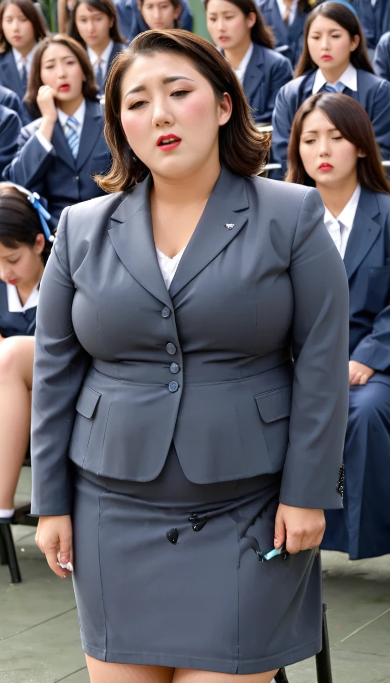 1woman,(masterpiece:1.8),photo-realistic,16k,(beautiful 40s japanese plump lady:1.3),(business suits:1.6),(blouse:1.5),pumps,(whimpering:1.6),(panicking:1.6),(crying:1.7),(gymnasium,pipe chair, graduation ceremony:1.4),crowd,sitting,(wetting:1.5),(dripping pee:1.4),long hair,straight hair,black eyes,MILF,curvy,(huge breasts:1.2), makeup,lipstick,eyeliner,mascara,eyeshadow