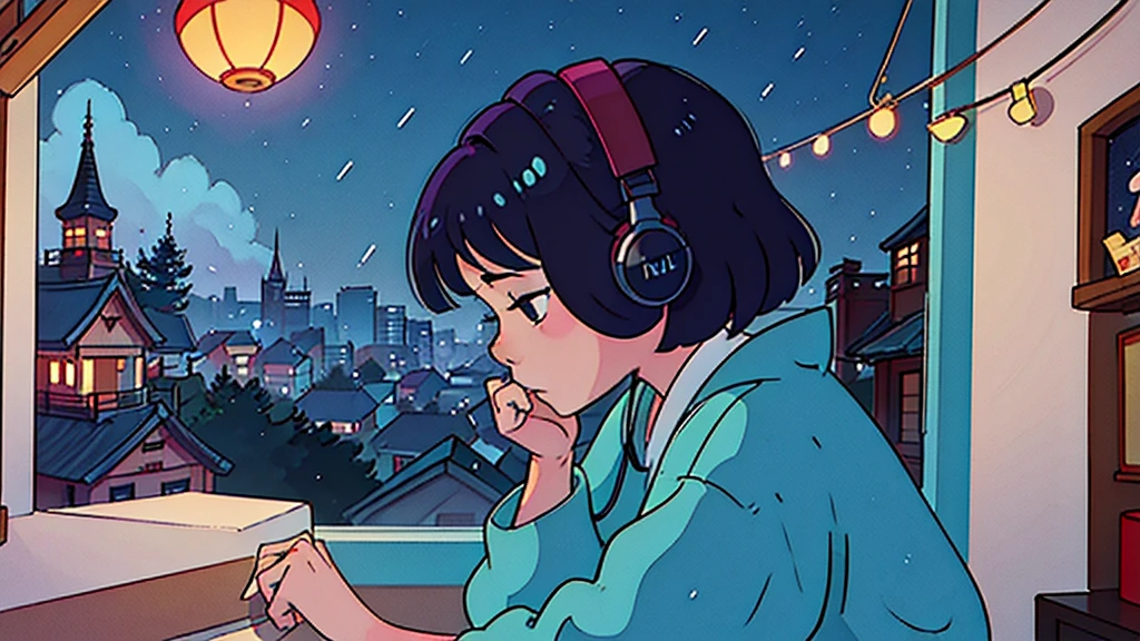 Create a scene of a 25-year-old woman looking out the window, Listening to music on headphones, In a quiet and relaxing environment, Short black hair, View from behind, Gazing at the horizon, At night, and through the window you can see fireflies and a beautiful landscape full of stars At night, Characters with lots of detail on their faces, hands and hair,Illustration Style、Showa anime、ukiyo-e、((girl))、Tokyo、Soft Touch、((Modern))、winter、High resolution, samba, latina,Rainy night,Tokyo