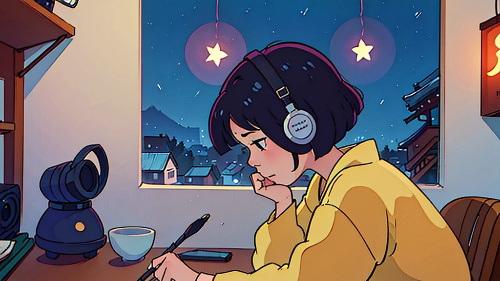 Create a scene of a 25-year-old woman looking out the window, Listening to music on headphones, In a quiet and relaxing environment, Short black hair, View from behind, Gazing at the horizon, At night, and through the window you can see fireflies and a beautiful landscape full of stars At night, Characters with lots of detail on their faces, hands and hair,Illustration Style、Showa anime、ukiyo-e、((girl))、Tokyo、Soft Touch、((Modern))、winter、High resolution, samba, latina,Rainy night,Tokyo