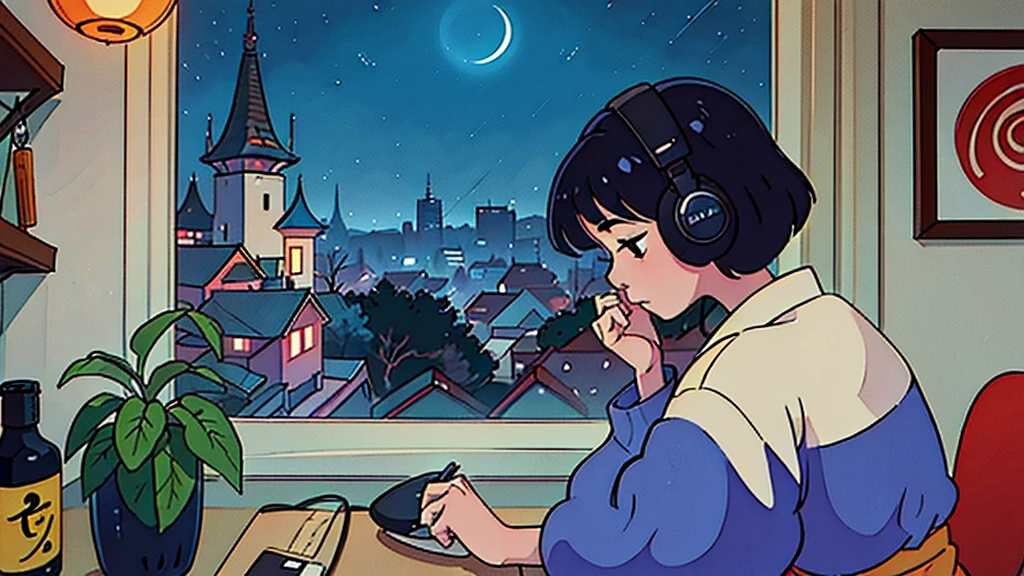 Create a scene of a 25-year-old woman looking out the window, Listening to music on headphones, In a quiet and relaxing environment, Short black hair, View from behind, Gazing at the horizon, At night, and through the window you can see fireflies and a beautiful landscape full of stars At night, Characters with lots of detail on their faces, hands and hair,Illustration Style、Showa anime、ukiyo-e、((girl))、Tokyo、Soft Touch、((Modern))、winter、High resolution, samba, latina,Rainy night,Tokyo