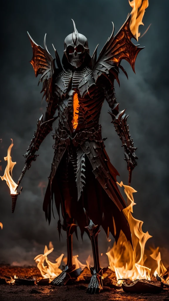 A skeletal demon, full body, standing in front. With fire in his head