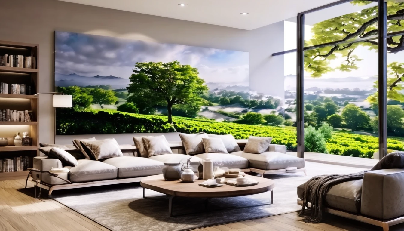 Rural view from the living room、Large living room、Real、Ultra-detailed landscapes、Portrait Photography、 Highest quality, Highly detailed 8k wallpaper, Beautiful details、Transcendently beautiful