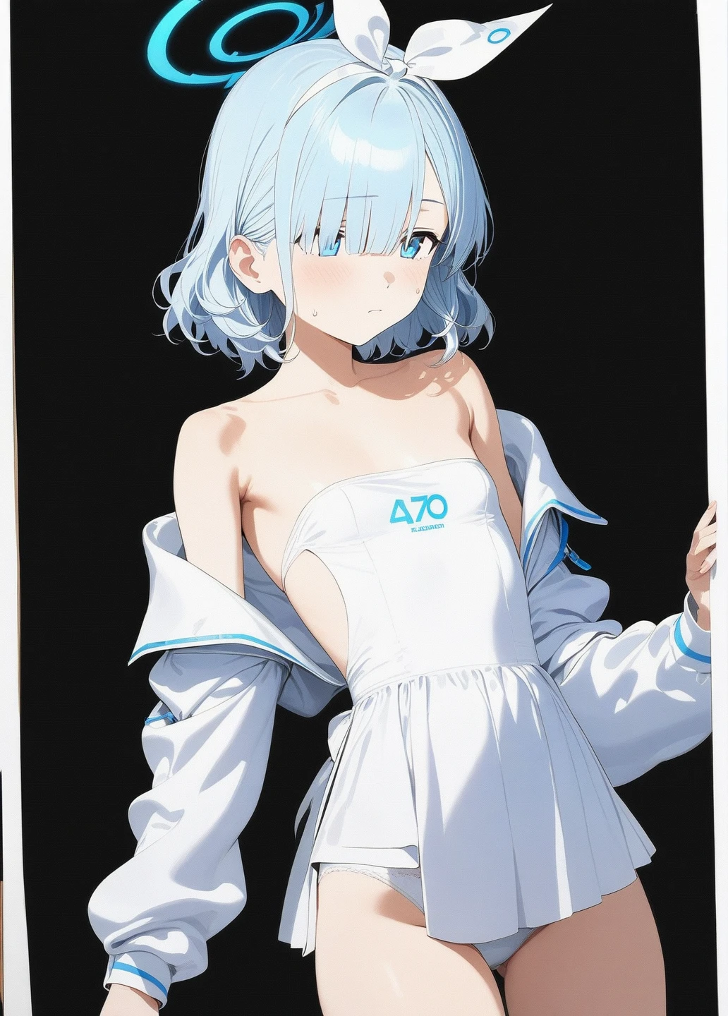 masterpiece, absurdres, high quality, highres, best quality, 1girl, arona (blue archive), blue archive, blue eyes, strapless, (artist official art:1.5), (realistic face), (narrowed eyes), (from above:0.8), (cowboy shot:2), (concept art:1.5), panties, (thigh), expressive eyes, perfect face, 4k, extremely detailed anime illustration, extremely detailed eyes, enhanced details, perfect anatomy, light rays, photo background, extremely delicate body, smooth skin, feminine expression, (black background:2), cristal clear eyes, beautiful face,