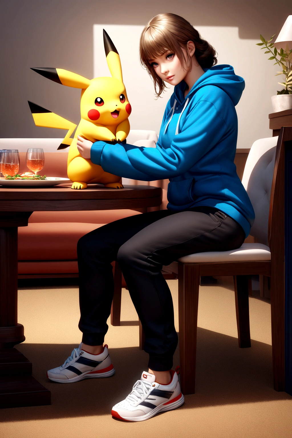 A cute Pikachu wearing a hoodie, black pants, and white shoes, sitting at a dining table with a human, detailed, highly realistic, intricate, dynamic lighting, 8K, photorealistic, volumetric lighting, studio lighting, cinematic lighting, dramatic lighting, glowing highlights, high-quality textures, ultra-detailed,masterpiece, vibrant colors, natural colors, warm tones, cozy atmosphere, comfortable environment, indoor setting, detailed background, photorealistic render, cinematic composition, depth of field, bokeh