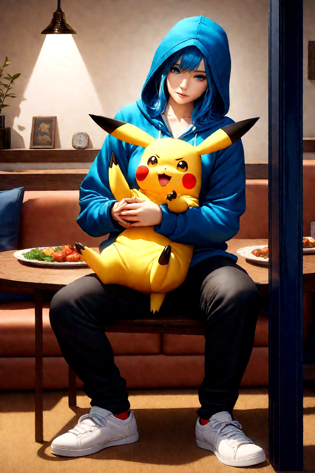 A cute Pikachu wearing a hoodie, black pants, and white shoes, sitting at a dining table with a human, detailed, highly realistic, intricate, dynamic lighting, 8K, photorealistic, volumetric lighting, studio lighting, cinematic lighting, dramatic lighting, glowing highlights, high-quality textures, ultra-detailed,masterpiece, vibrant colors, natural colors, warm tones, cozy atmosphere, comfortable environment, indoor setting, detailed background, photorealistic render, cinematic composition, depth of field, bokeh