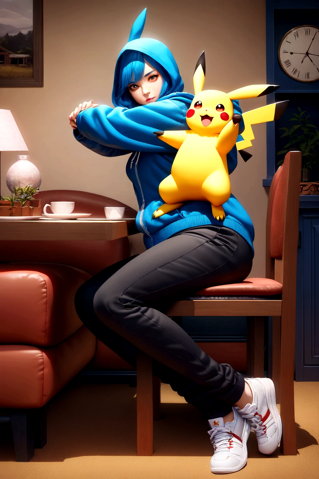 A cute Pikachu wearing a hoodie, black pants, and white shoes, sitting at a dining table with a human, detailed, highly realistic, intricate, dynamic lighting, 8K, photorealistic, volumetric lighting, studio lighting, cinematic lighting, dramatic lighting, glowing highlights, high-quality textures, ultra-detailed,masterpiece, vibrant colors, natural colors, warm tones, cozy atmosphere, comfortable environment, indoor setting, detailed background, photorealistic render, cinematic composition, depth of field, bokeh