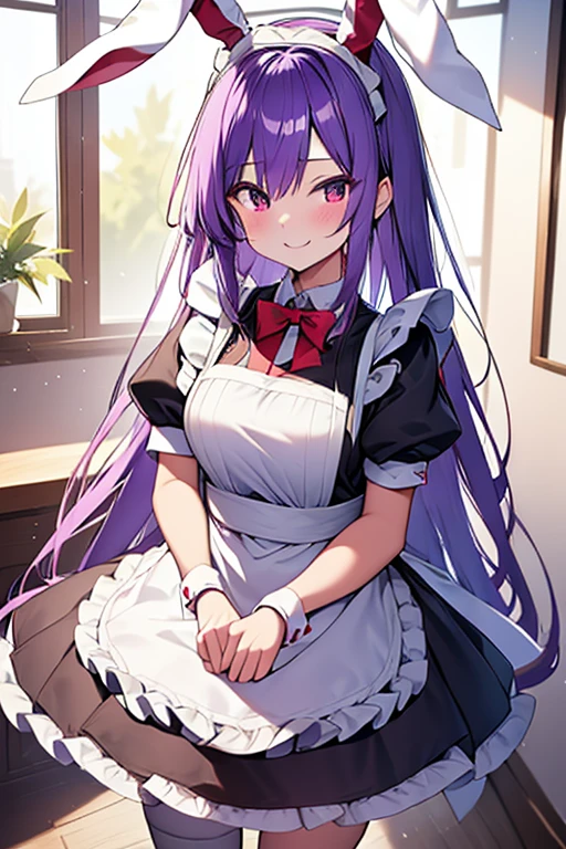 reisen₋udongein₋inaba light blue-purple long hair red eyes maid dress black and white maid outfit smiling top quality masterpiece