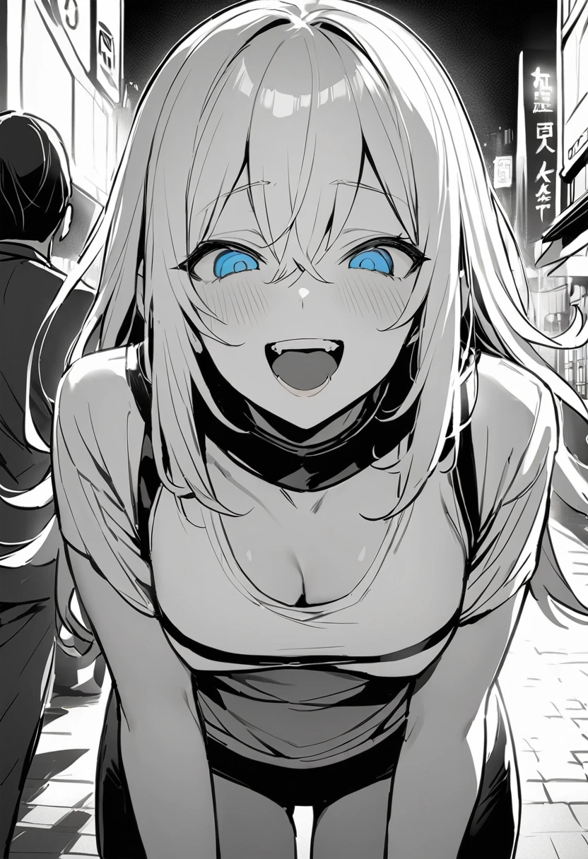 (masterpiece:1.2)、Highest quality、PIXIV、Rebellious girl、One girl、Open your mouth、鋭いteeth、teeth、Long Hair、Street background、Bright blue eyes、Upper Body、smile、Focus on the viewer、Chest in the center、Shoulder Bare、Belly button、Black and white hair color,leaning forward,Night view,Black and Whiteグレーの服装,Overflowing drool、saliva、White Breath、Sigh,Pull your mouth with your fingers、An excited look、Long, narrow eyes,fallatio,Black and White