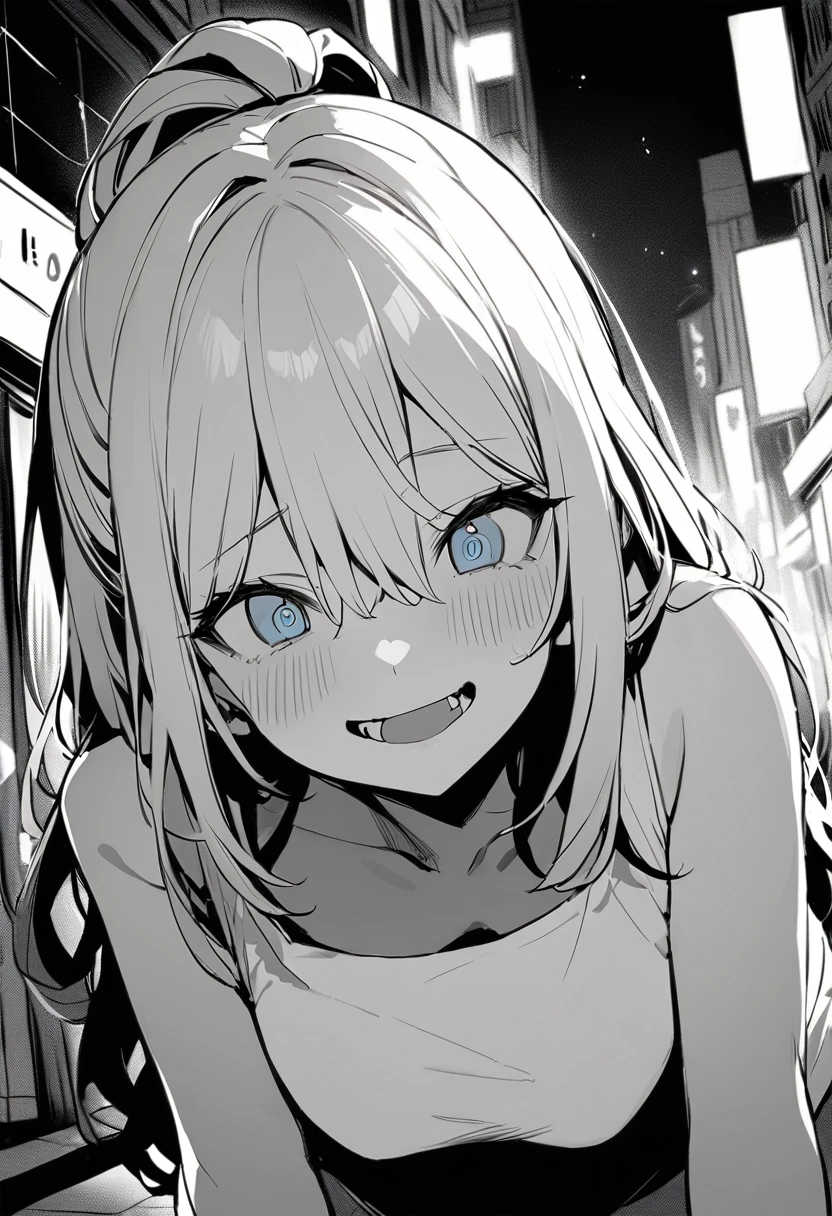 (masterpiece:1.2)、Highest quality、Pixiv、Rebellious girl、One Girl、Open your mouth、鋭いteeth、teeth、length Hair、Street background、Bright Blue Eyes、Upper Body、smile、Focus on your audience、Central chest、Shoulder Bare、belly button、Black and white hair color,Leaning forward,Night view,black and white grey outfit,Overflowing drool、saliva、White Breath、Haa,Draw your mouth with your finger、Excited expression、length, Narrow eyes,Fallacy,Monochrome