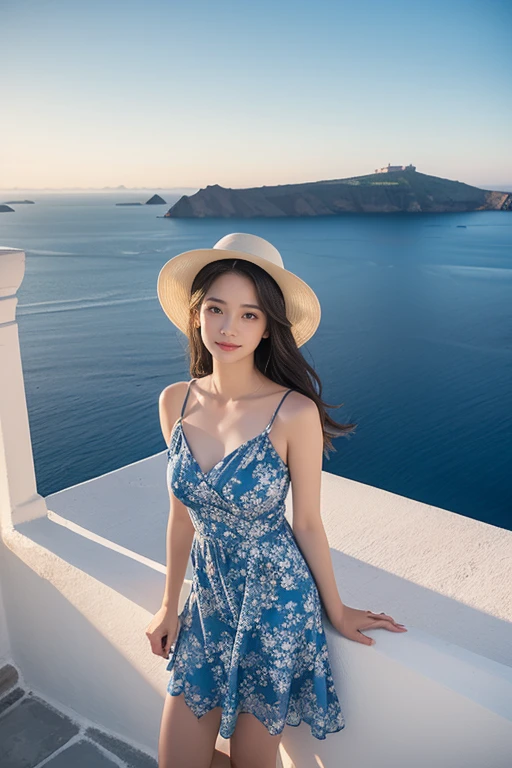 The photo of beautiful woman , highest quality、8K、Perfect Face、Perfect Style、perfect body、model、Sunburn、beautiful lady、mature、Swept-back hair, sexy 、charming、healthy、smile、Generate an image of a woman standing on a picturesque staircase overlooking the sea in Santorini, Greece. She is wearing a white onepiece and hat with brim, blue and white floral dress that complements the iconic blue-domed churches and whitewashed buildings around her. The woman has long, flowing hair and is gazing out towards the horizon, capturing the serene beauty of the Aegean Sea. The sun is setting, casting a warm, golden glow over the scene, enhancing the romantic and tranquil atmosphere. The background includes the famous blue-domed church, white stone buildings, and the vast, calm sea stretching out into the distance.
