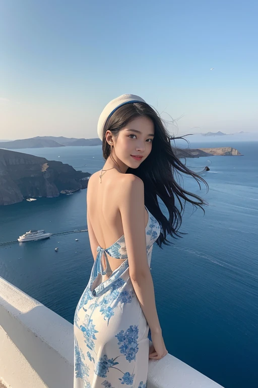 The photo of beautiful woman , highest quality、8K、Perfect Face、Perfect Style、perfect body、model、Sunburn、beautiful lady、mature、Swept-back hair, sexy 、charming、healthy、smile、Generate an image of a woman standing on a picturesque staircase overlooking the sea in Santorini, Greece. She is wearing a white onepiece and hat with brim, blue and white floral dress that complements the iconic blue-domed churches and whitewashed buildings around her. The woman has long, flowing hair and is gazing out towards the horizon, capturing the serene beauty of the Aegean Sea. The sun is setting, casting a warm, golden glow over the scene, enhancing the romantic and tranquil atmosphere. The background includes the famous blue-domed church, white stone buildings, and the vast, calm sea stretching out into the distance.