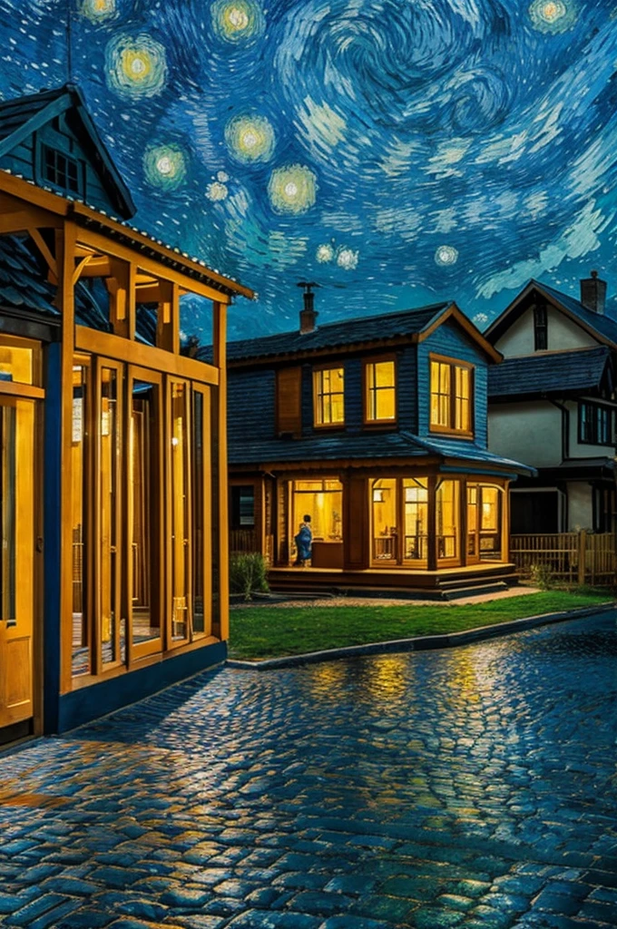 Using van Gogh's style, create a city with buildings