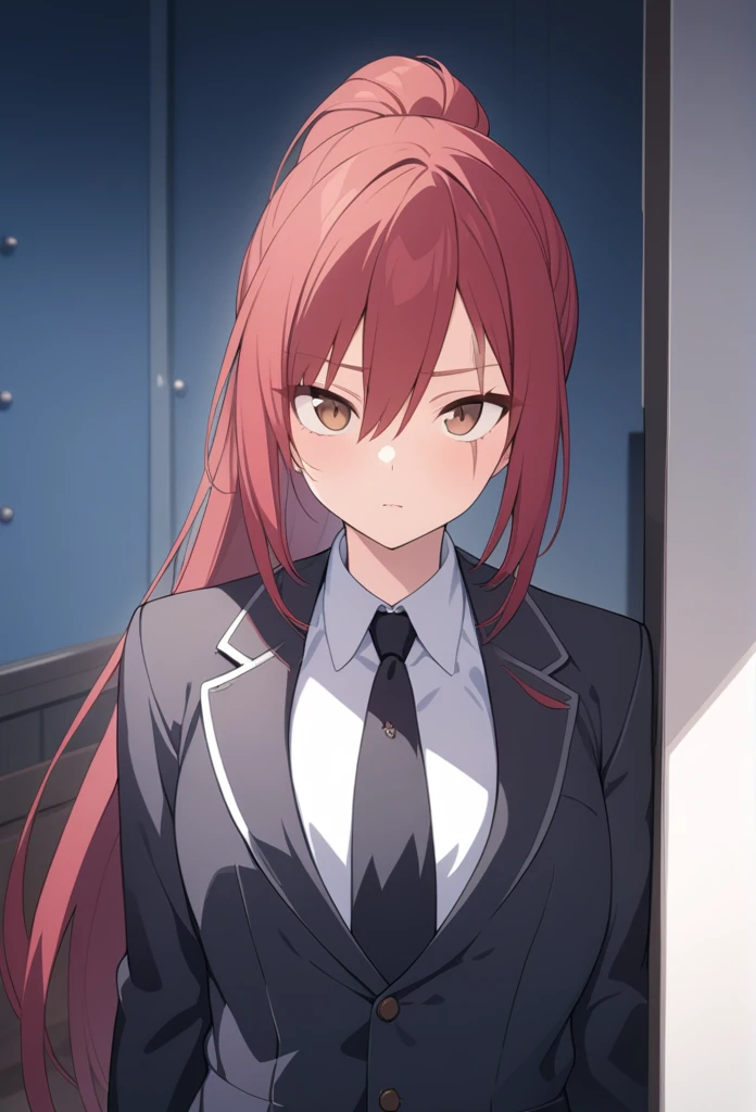 extremely detailed CG unit wallpaper, artwork, best quality, ultra-detailed, best illustration, best shading, absurd, Tendou, necktie, red hair, formal ponytail, suit, scar, brown eyes, black necktie, 1 boy, long hair, shirt, looking at viewer, solo focus, solo, jacket, pompadour, torso, scar on face, white shirt, blurred background, collared shirt, black jacket