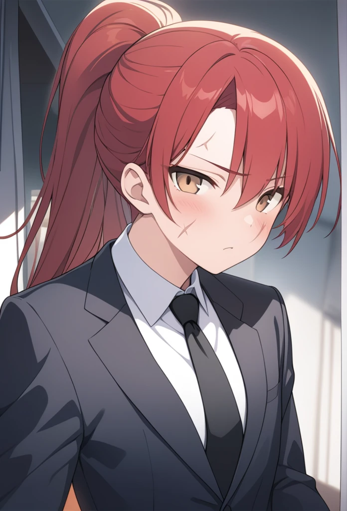 extremely detailed CG unit wallpaper, artwork, best quality, ultra-detailed, best illustration, best shading, absurd, Tendou, necktie, red hair, formal ponytail, suit, scar, brown eyes, black necktie, 1 boy, long hair, shirt, looking at viewer, solo focus, solo, jacket, pompadour, torso, scar on face, white shirt, blurred background, collared shirt, black jacket