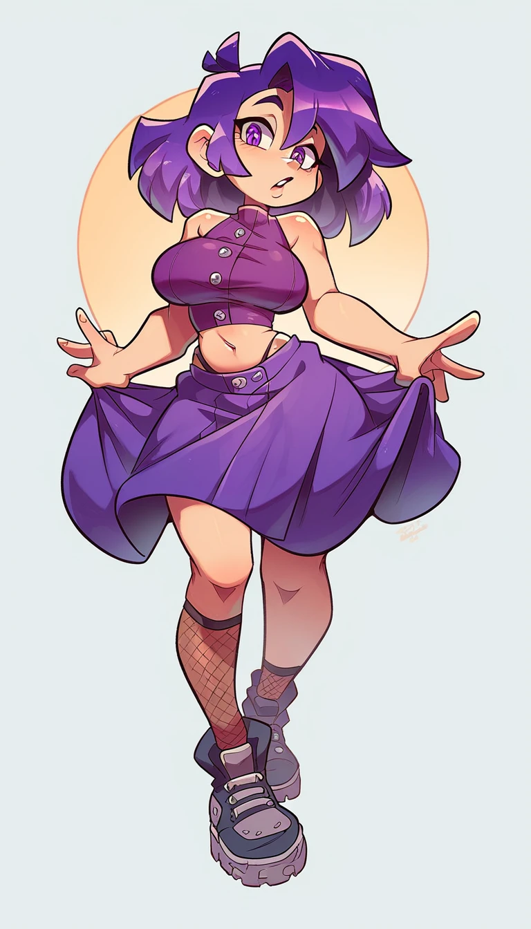  a big  girl big breast beautiful sexy ninja dark purple hair long hip her purple eye black eyelash big round she dresses purple blouse with sleeveless buttons exposed abdomen navel and a short purple skirt pair of net socks Transparent black boot