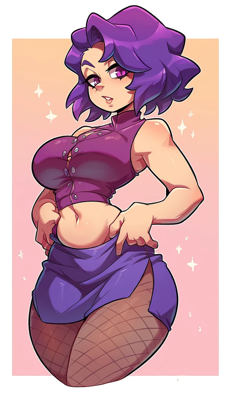 a big age girl big breast beautiful sexy ninja dark purple hair long hip her purple eye black eyelash big round she dresses purple blouse with sleeveless buttons exposed abdomen navel and a short purple skirt pair of net socks Transparent black boot