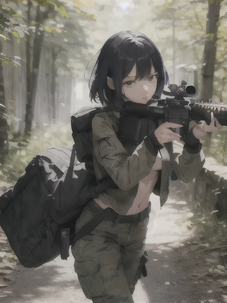 femme solo、cheveux longs、yeux bleus、gros seins pleins、militaire、Veste tactique noire、porte-plaques、dans les bois、actionpose、fusil m4a1 détaillé、pantalon cargo、sac à dos、qualité d'image de haut niveau、Qualité d'image 8K、haute qualité、très détaillé