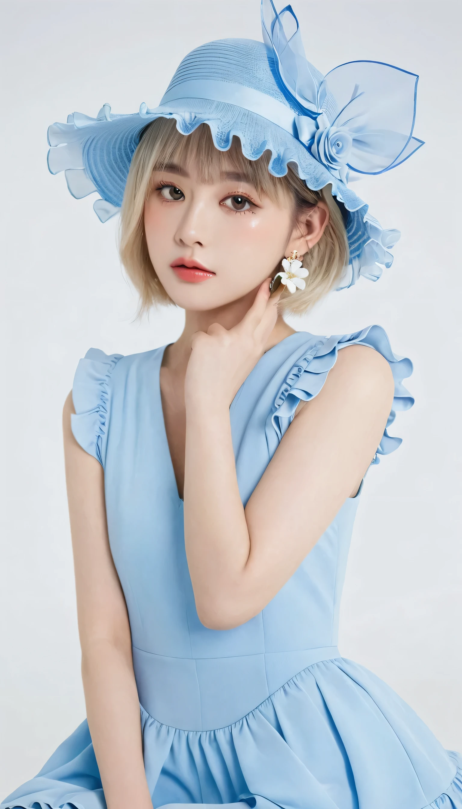 uekura, 1girl, blonde hair, white background, hat, dress, blue footwear, wings, simple background, signature, flower, nail polish, wide sleeves, long sleeves, blush, animal, white flower, solo, full body, bird, looking at viewer, high heels, hand on own cheek, hand on own face, frills, bow, bangs, ribbon, bell, blue headwear, +_+, socks, short hair, grey eyes, shoes, blue nails, feathered wings, blue bow