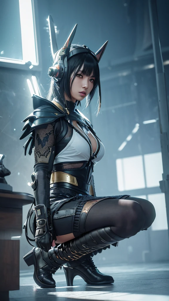 There is a woman sitting on a chair,Wearing a cat's costume, cyberpunk anime girl, female cyberpunk anime girl, cyber school girl, Cyberpunk 2 0 y. o model girl, dreamy cyberpunk girl, Digital cyberpunk anime art, muted cyberpunk style, Cyberpunk costumes, anime cyberpunk art, trending on cgstation, cyberpunk anime girl mech, cyberpunk anime art, cyberpunk femme fatale