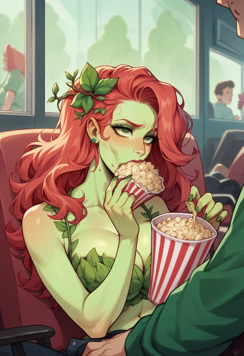 poison ivy , riding dick , in the cinema while watching popcorn , HUGE titties , at the cinema , watching a movie , eating popcorn