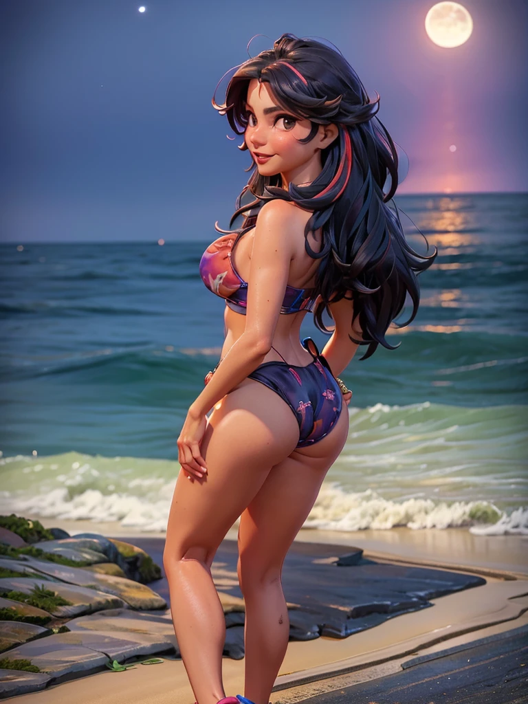 A busty woman with a big butt walks barefoot along the sea shore, tiny colorful bikini. She is having fun and flirting with the viewer. Moonlit night