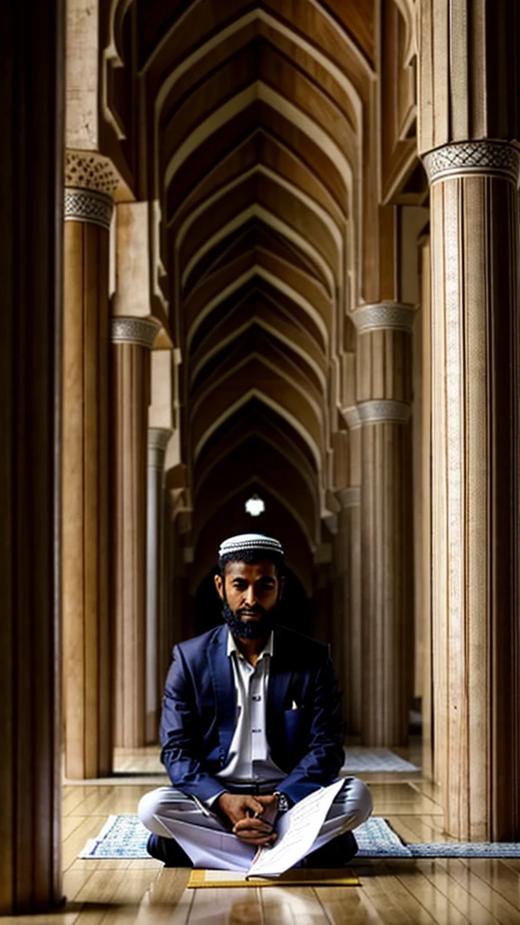 a Muslim who was sitting in front of a quiet and beautiful mosque hall. Next to him was money and an open piece of paper, apparently containing a list of debts that had been repaid. His facial expression was full of calm and gratitude.