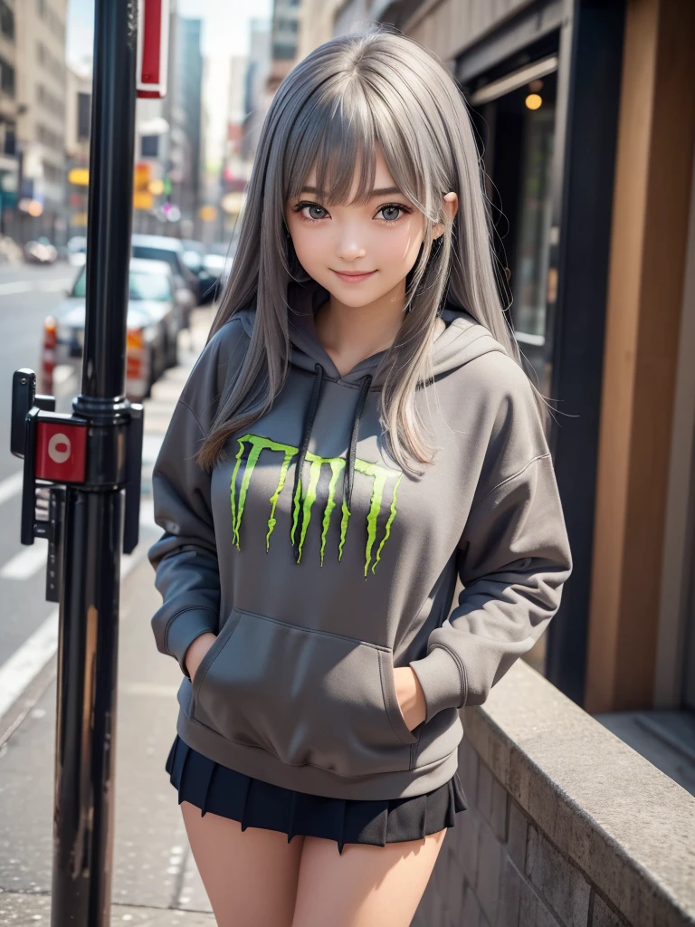 (8K, RAW Photos, Highest quality, masterpiece:1.2), (Realistic, photo-Realistic:1.4), (Highly detailed 8K wallpapers), ((Full Body Shot)), (1 girl), Sharp focus, Depth of written boundary, Cinematic lighting, Soft Light, 緻密な美しさのeye, eye_Chan, Very beautiful 17 year old girl, innocent big eyes, Realistic, photo Realistic, Highly detailed cute girl, (Thin thighs), (Model Body Type), 18-year-old, ((Monster Energy Hoodie)), (Black Micro Mini Pleated Skirt), (((Reach into your hoodie pocket))), ((A happy smile)), Parted lips, Watching the audience, (On the streets of New York) , (Ash grey hair),（Semi-long hair), (Asymmetrical bangs)