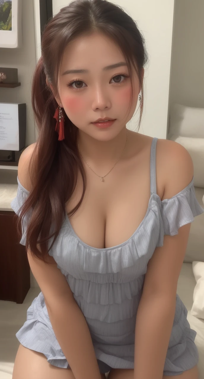 Filipina woman, Intimate, moaning face blush, red blushy cheeks, ponytail, feeling horny, beautiful thighs, in love, Having an orgasm, wearing summer mini dress