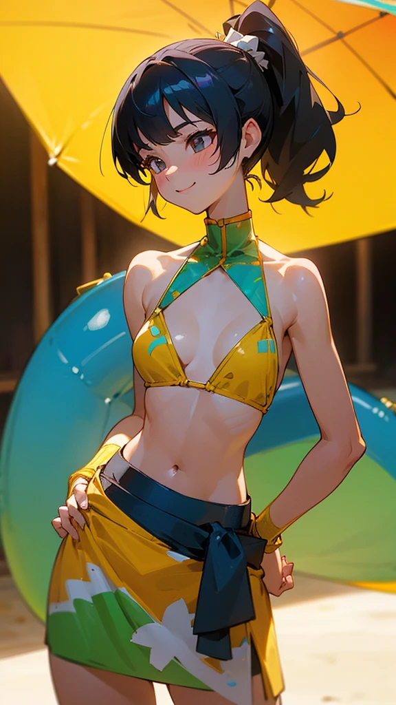 1 Girl、、Sharp focus、(Bokeh) (Highest quality) (Detailed skin:1.3) (Intricate details) (anime)、Black Hair, Side Ponytail、18-year-old、(Please put your hands on your hips)、chest、Slim figure、bikini、A pareo skirt with bold ethnic patterns and plenty of primary colors、Realistic Skin、Shiny skin, Sunburned skin、Cowboy Shot、Side body、smile、smile、Park in the background、Soft lighting