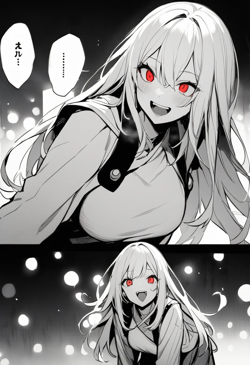 (masterpiece:1.2)、Highest quality、Pixiv、Rebellious girl、One Girl、Open your mouth、鋭いteeth、teeth、length Hair、Street background、Bright red eyes、Upper Body、smile、Focus on your audience、Central chest、Shoulder Bare、belly button、Black and white hair color,Leaning forward,Night view,black and white grey outfit,Overflowing drool、saliva、White Breath、Haa,Draw your mouth with your finger、Excited expression、length, Narrow eyes,Fallacy,Monochrome