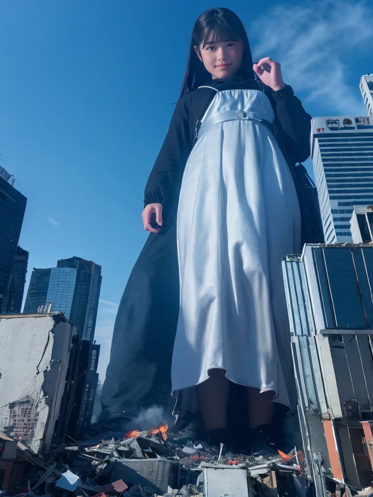 （Giantess Elements、High resolution、High resolution、high quality、Accurate body structure、Detailed body） Towering Giant Girl，50,000 feet high、Looking up at the approaching woman from below、Giants attack the city、Cute blonde woman、Destroy a small town淫乱な女性、Destroy a small town、Mischievous look、Maid clothes、Japanese women、Check skirt、ribbon、White skin、Giantess、smile、Trampling buildings、rubble、Burning Small Town、Destroyed small building、Collapsed highway、Cars are crushed、Evacuating residents、sunset、Burning Small Town、go ahead、walk、Trampling、Anatomically correct、Accurate human body、Accurate skeleton、Full body portrait、blue eyes、足元に散らばるrubble、Higher than skyscrapers、Big impact、amazing、Giantess Elements、Draw a woman in a big way、Increase the destructive element、Make the city smaller
