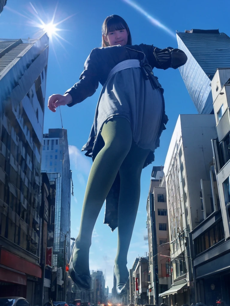 （Giantess Elements、High resolution、High resolution、high quality、Accurate body structure、Detailed body） Towering Giant Girl，50,000 feet high、Looking up at the approaching woman from below、Giants attack the city、Cute blonde woman、Destroy a small town淫乱な女性、Destroy a small town、Mischievous look、Maid clothes、Japanese women、Check skirt、ribbon、White skin、Giantess、smile、Trampling buildings、rubble、Burning Small Town、Destroyed small building、Collapsed highway、Cars are crushed、Evacuating residents、sunset、Burning Small Town、go ahead、walk、Trampling、Anatomically correct、Accurate human body、Accurate skeleton、Full body portrait、blue eyes、足元に散らばるrubble、Higher than skyscrapers、Big impact、amazing、Giantess Elements、Draw a woman in a big way、Increase the destructive element、Make the city smaller