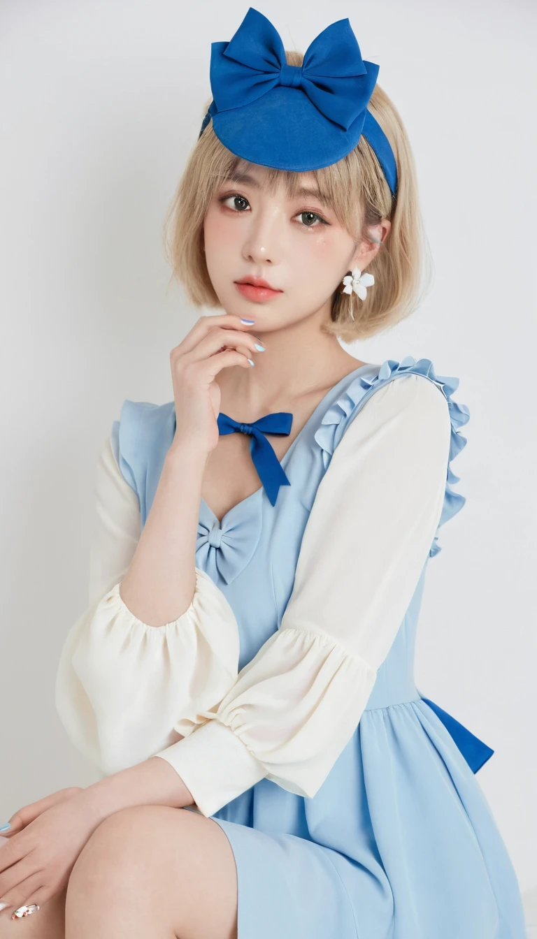 1girl, dress, lips, looking_at_viewer, solo, veil, white_dress, white_theme, short_hair, bangs, blue_eyes, blonde_hair, long_sleeves, closed_mouth, hairband, frills, blunt_bangs, sleeves_past_wrists, hands_up, lolita_fashion, paw_pose, realistic, Mizuiro, outfit<lora:Mizuiro:1>