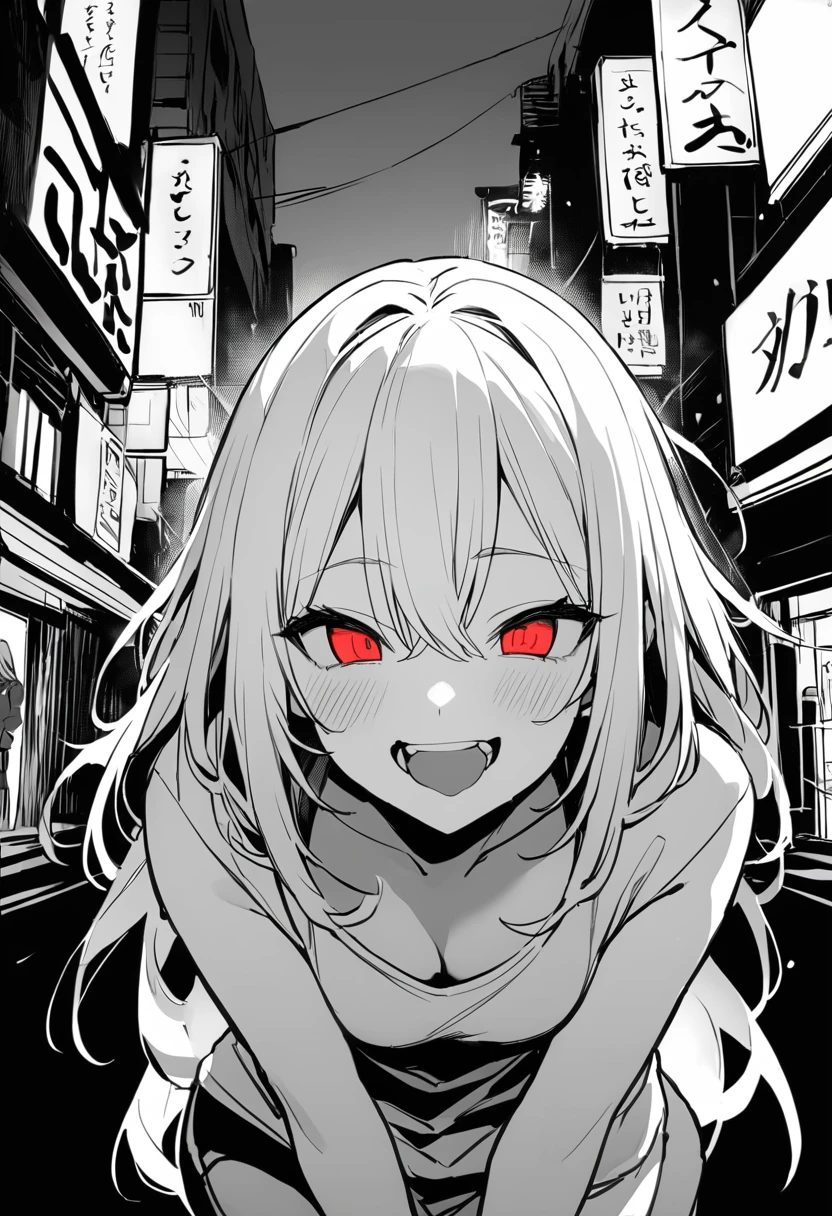 (masterpiece:1.2)、Highest quality、PIXIV、Rebellious girl、One girl、Open your mouth、鋭いteeth、teeth、Long Hair、Street background、Bright red and blue eyes、Upper Body、smile、Focus on the viewer、Chest in the center、Shoulder Bare、Belly button、Black and white hair color,leaning forward,Night view,Black and white grey outfit,Overflowing drool、saliva、White Breath、Sigh,Pull your mouth with your fingers、An excited look,fallatio,monochrome,heterochromia