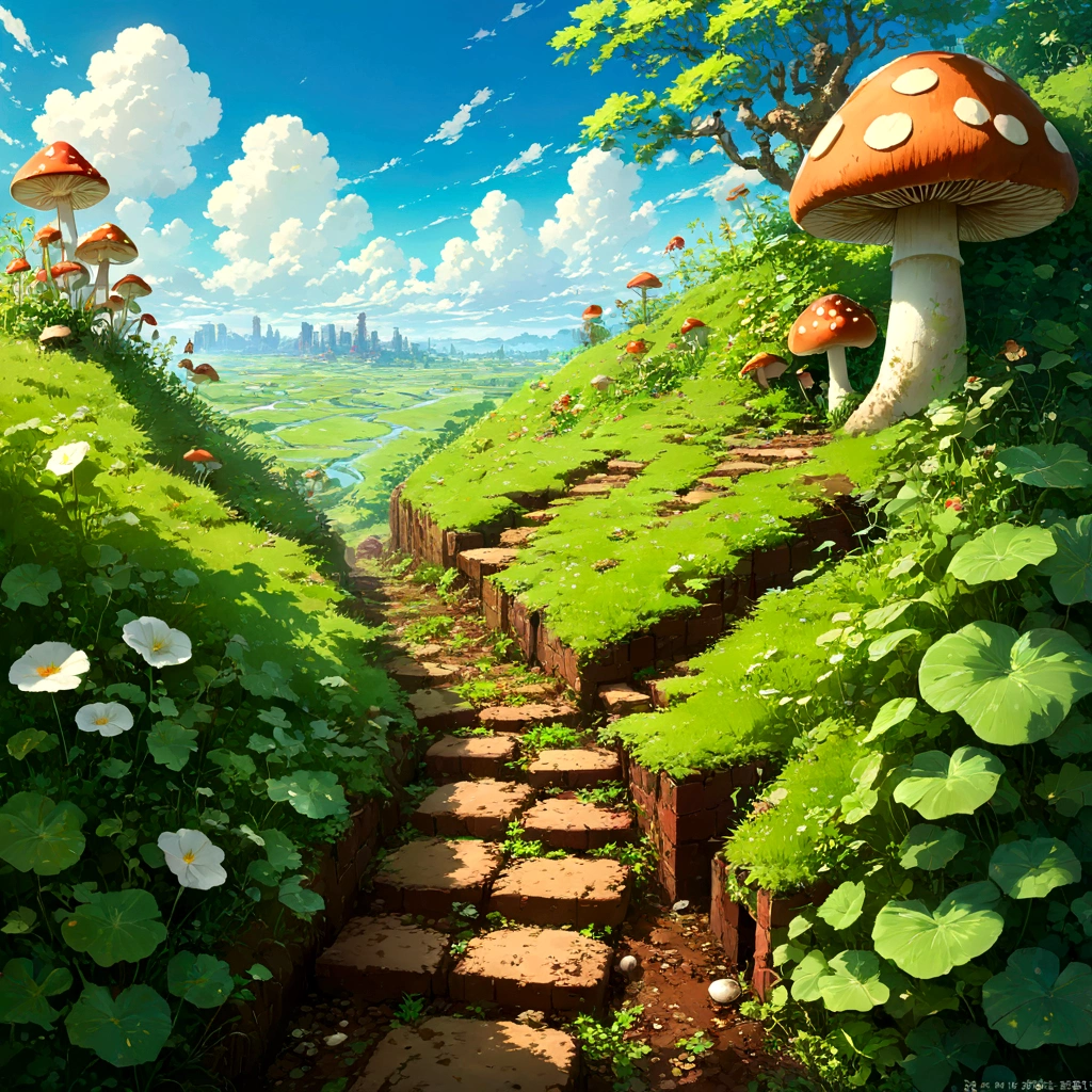White clouds floating in the blue sky、A vibrant green meadow、Made of brown bricks、見慣れたあのSoil pipes。Soil pipesからは、Ivy with green leaves hangs down、周りには赤いmushroomと緑色のmushroomが生えている。Soil pipesの横には、coinがキラキラと輝き、遠くにはEnemy Charactersの姿も見える。まるでgameの世界から飛び出してきたかのような、A nostalgic and exciting landscape。美しいAnime Scenery, Landscape painting, Beautiful digital painting, Andreas Rocha, Beautiful artwork illustration, Awesome Wallpapers, Raymond Han, Tall beautiful paintings, Studio Ghibli Makoto Shinkai, Beautiful Wallpapers, Anime Scenery, Mario, Soil pipes, game, レトロgame, Green grassland, mushroom, coin, Enemy Characters