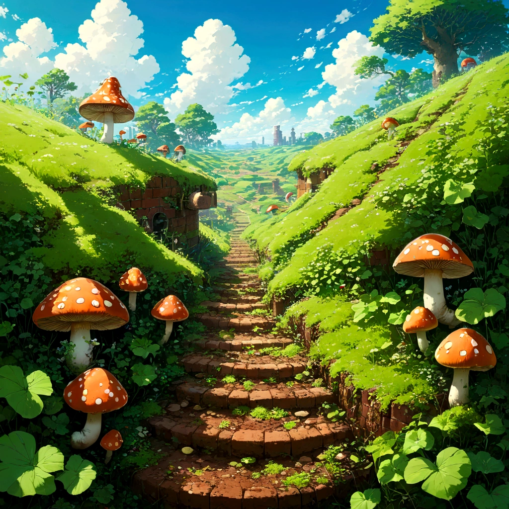 White clouds floating in the blue sky、A vibrant green meadow、Made of brown bricks、見慣れたあのSoil pipes。Soil pipesからは、Ivy with green leaves hangs down、周りには赤いmushroomと緑色のmushroomが生えている。Soil pipesの横には、coinがキラキラと輝き、遠くにはEnemy Charactersの姿も見える。まるでgameの世界から飛び出してきたかのような、A nostalgic and exciting landscape。美しいAnime Scenery, Landscape painting, Beautiful digital painting, Andreas Rocha, Beautiful artwork illustration, Awesome Wallpapers, Raymond Han, Tall beautiful paintings, Studio Ghibli Makoto Shinkai, Beautiful Wallpapers, Anime Scenery, Mario, Soil pipes, game, レトロgame, Green grassland, mushroom, coin, Enemy Characters