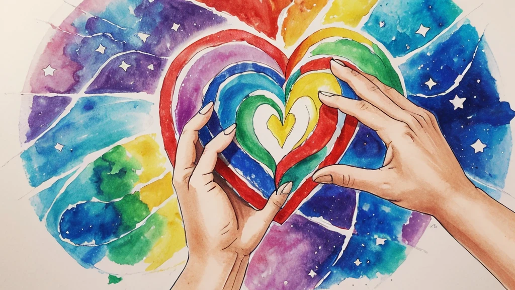 ink drawing image of the rainbow coloured hand offering love and support in a cosmos being filled with a heart of love, mystical, magical, sending out stars containing feelings of deep love, spirit and soul, sending out love, kindness to all,