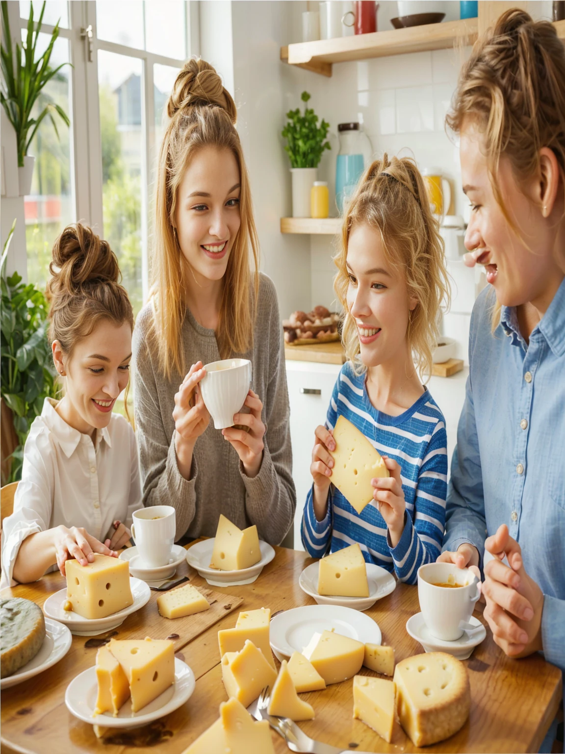 Group of people sitting at a table with food, Eating cheese, Warm and joyful atmosphere, shutterstock, stock image, stock image, stock image, promotional image, useful image, promotional photo, good morning, Family dinner, photo stop, delicious, people inside cheese on a table, stock, artistic interpretation, slice of life, on trend, youtube thumbnail, portrait shot, Noon
