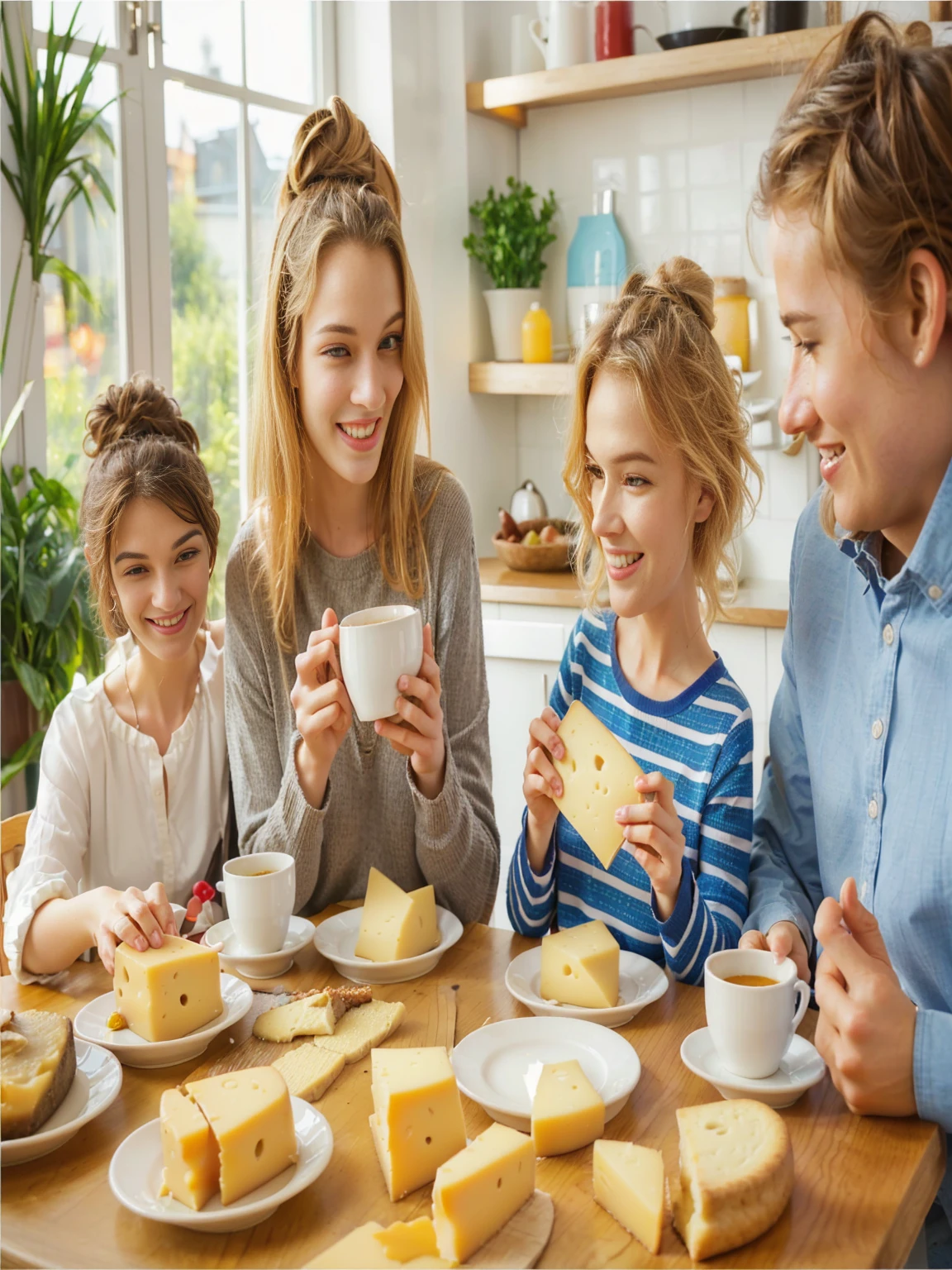 Group of people sitting at a table with food, Eating cheese, Warm and joyful atmosphere, shutterstock, stock image, stock image, stock image, promotional image, useful image, promotional photo, good morning, Family dinner, photo stop, delicious, people inside cheese on a table, stock, artistic interpretation, slice of life, on trend, youtube thumbnail, portrait shot, Noon