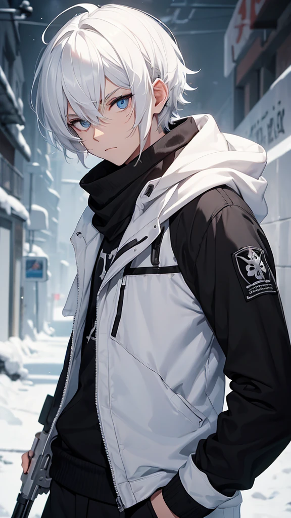 Boy with white hair;
shorth hair;
Messy hair;
eye white;
Some gun sight marks on the pupils;
wear black pants;
black jersey;
A white sweater;
A white scarf;
Pupilas brancas cor neve 

A sniper tem a cor branca também 
There&#39;s a white sniper on the back;


Ele está deitado no chao mirando com a sniper 