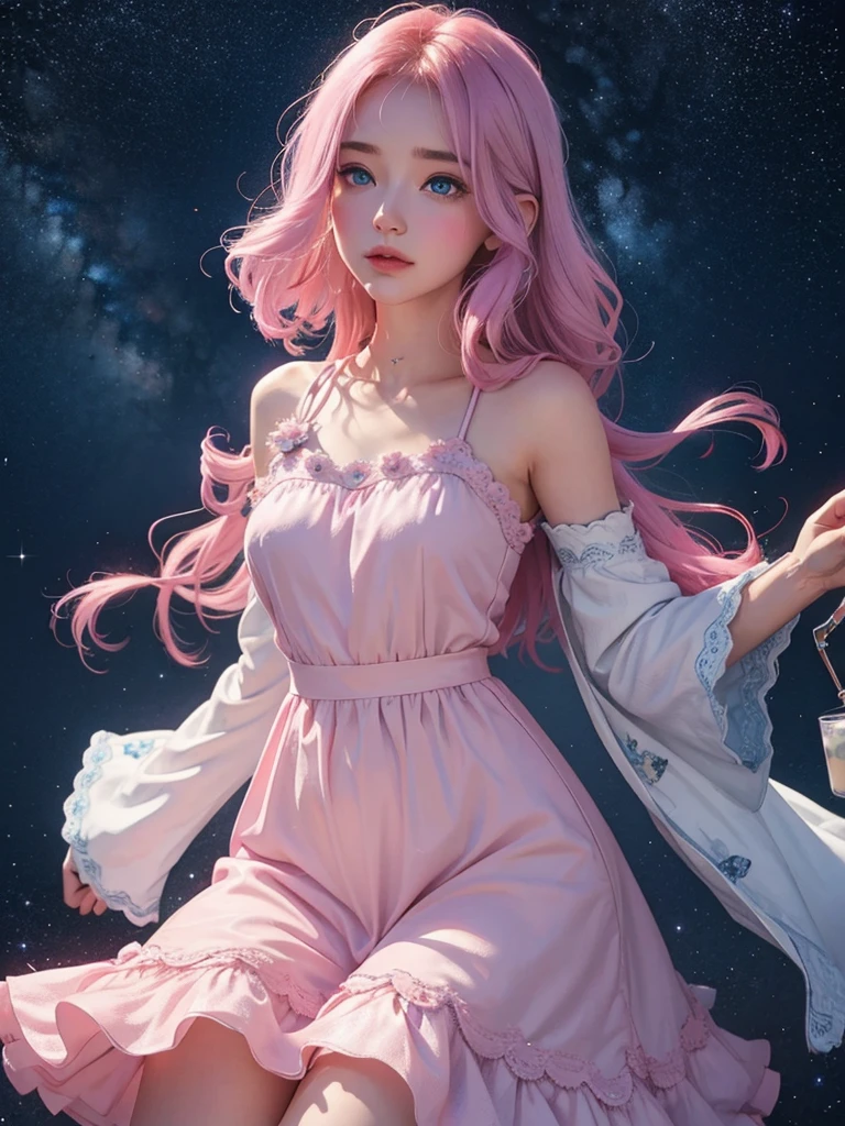 Girl on a starry blue background, Beautiful eyes, milk hair, pink dress 
