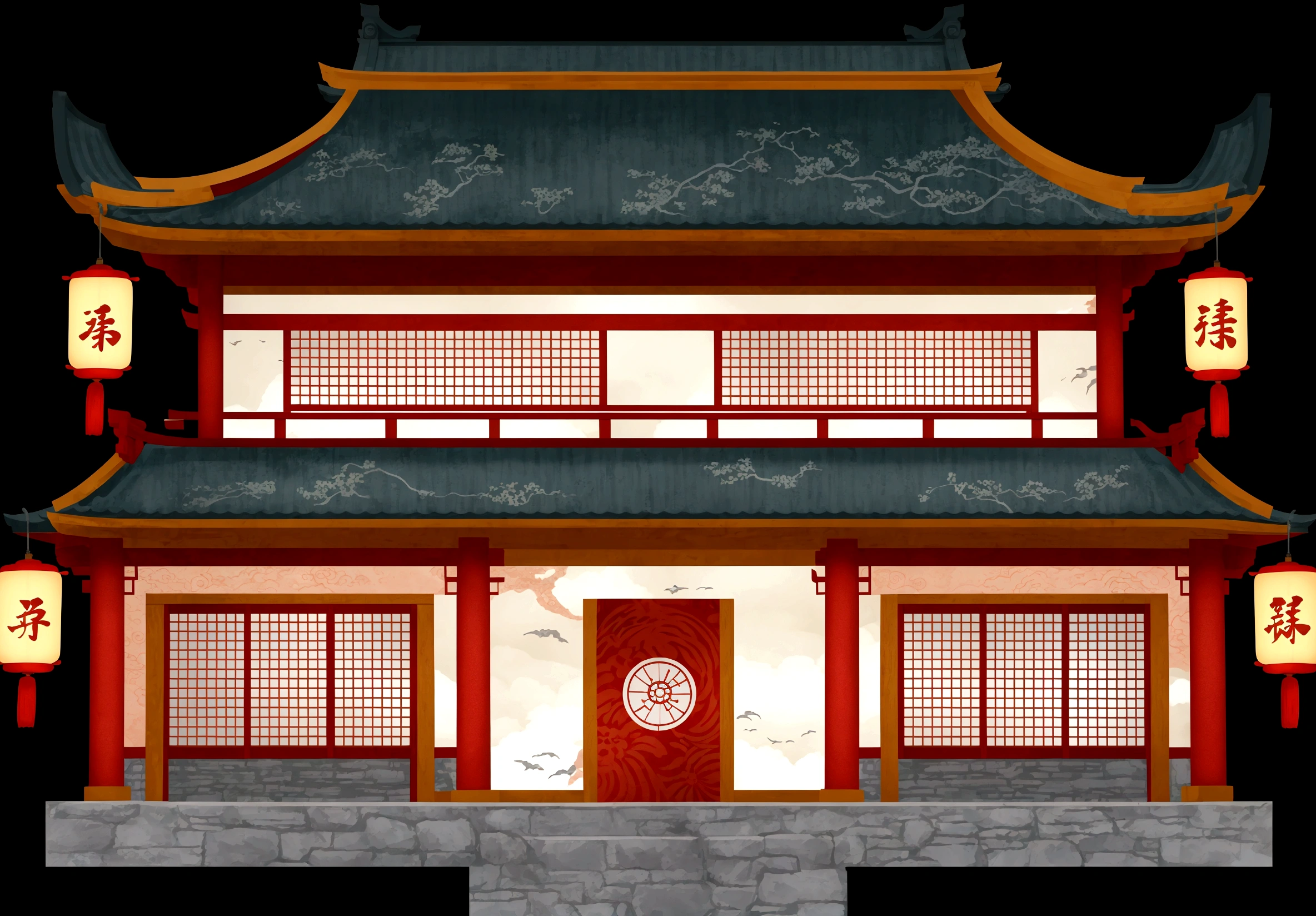 illustration of a traditional chinese building with lanterns and a clock, zen temple background, temple background, background depicting a temple, digital painting of a pagoda, japanese temple, japanese house, inspired by Itō Jakuchū, japanese temples, inspired by Shūbun Tenshō, inspired by Tōshi Yoshida, ancient japanese architecture