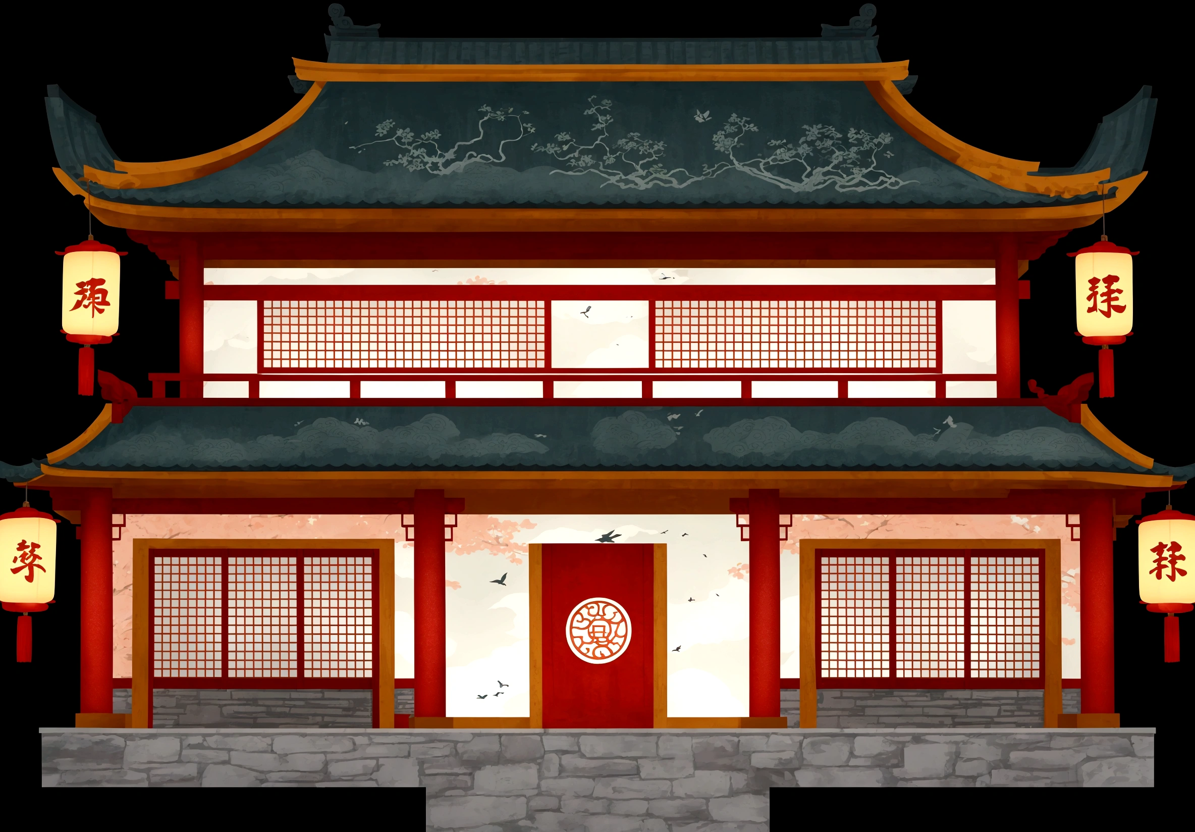 illustration of a traditional chinese building with lanterns and a clock, zen temple background, temple background, background depicting a temple, digital painting of a pagoda, japanese temple, japanese house, inspired by Itō Jakuchū, japanese temples, inspired by Shūbun Tenshō, inspired by Tōshi Yoshida, ancient japanese architecture