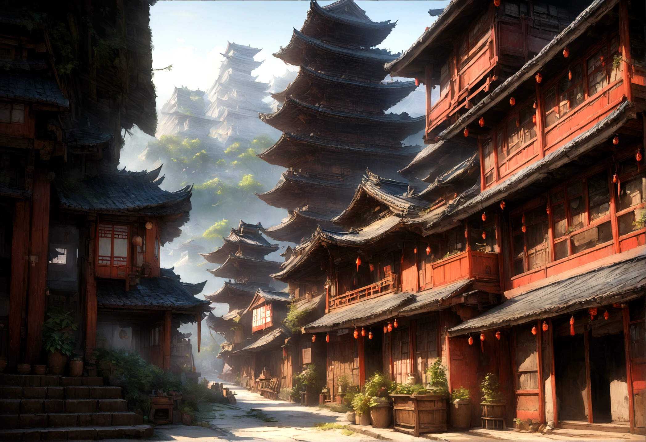 Realistic cinematic photos of old Japan,Wonderful cityscape, Ultra HD, Realistic, Vibrant colors, Very detailed, UHD Drawings, Perfect composition, Beautiful and sophisticated、Highly detailed Octane renderings are trending on Art Station, 8K, Photorealistic concept art, Perfect cinematic light with soft, natural volume