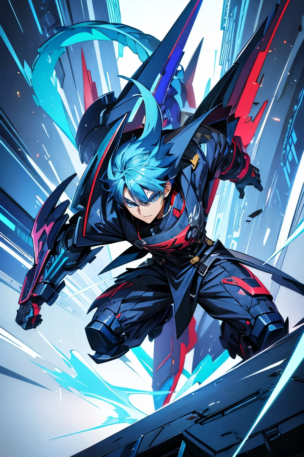 anime boy, blue hair, anime, cyberpunk ropa, half dragon, fighting against enemies