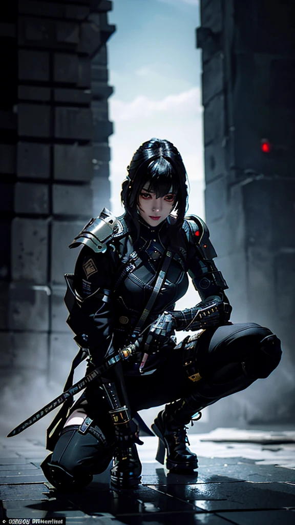 Surreal version of a woman kneeling down on one knee with sword in hand, very beautiful cyberpunk samurai,Sitting on one knee,Futuritic background,  cyberpunk anime art, cyberpunk samurai, cyberpunk city anime art, cyberpunk anime, cgsociety 9, digital cyberpunk anime art, style of maciej kuciara .1girl,cool pose, samurai armor, devil mask helmet, intricate, detailed ornaments, cold colors, metallic, Egyptian details, details very complex, realistic lighting, trending on social cgs, glowing eyes, facing camera, neon details, surreal details, full body portrait, Japanese atmosphere, lighting global, shadow, octane rendering, 8k, super sharp lolita.((Best quality)), ((masterpiece)), (details:1.4), 3D, image of a female cyberpunk beautiful,HDR (High Dynamic Range),Beam Range,NVIDIA RTX,Ultra High Resolution,Unreal 5,Subsurface Scattering,PBR Textures,Post-processing,Anisotropic Filtering,Depth of Field, Maximum clarity and sharpness, Multi-layer textures, Albedo and Reflection maps, Surface shadows, Accurate simulation of light-material interaction, Perfect scaling, Octane rendering, Two-tone lighting Color, Wide Aperture, Low ISO, White Balance, Rule of Thirds, 8K RAW,