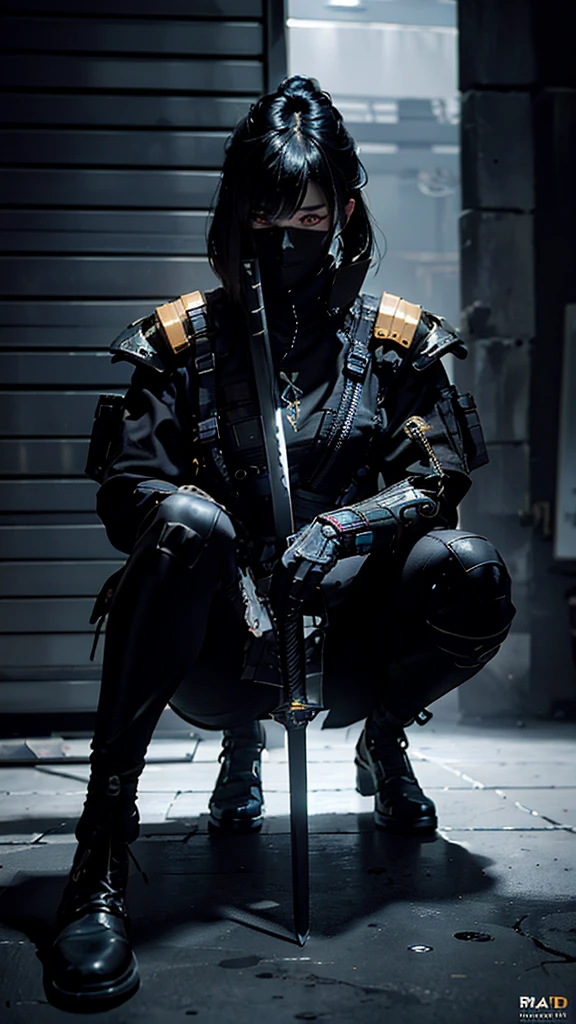 Surreal version of a woman kneeling down on one knee with sword in hand, very beautiful cyberpunk samurai,Sitting on one knee,Futuritic background, cyberpunk anime art, cyberpunk samurai, cyberpunk city anime art, cyberpunk anime, cgsociety 9, digital cyberpunk anime art, style of maciej kuciara .1girl,cool pose, samurai armor, devil mask helmet, intricate, detailed ornaments, cold colors, metallic, Egyptian details, details very complex, realistic lighting, trending on social cgs, glowing eyes, facing camera, neon details, surreal details, full body portrait, Japanese atmosphere, lighting global, shadow, octane rendering, 8k, super sharp ta.((Best quality)), ((masterpiece)), (details:1.4), 3D, image of a female cyberpunk beautiful,HDR (High Dynamic Range),Beam Range,NVIDIA RTX,Ultra High Resolution,Unreal 5,Subsurface Scattering,PBR Textures,Post-processing,Anisotropic Filtering,Depth of Field, Maximum clarity and sharpness, Multi-layer textures, Albedo and Reflection maps, Surface shadows, Accurate simulation of light-material interaction, Perfect scaling, Octane rendering, Two-tone lighting Color, Wide Aperture, Low ISO, White Balance, Rule of Thirds, 8K RAW,