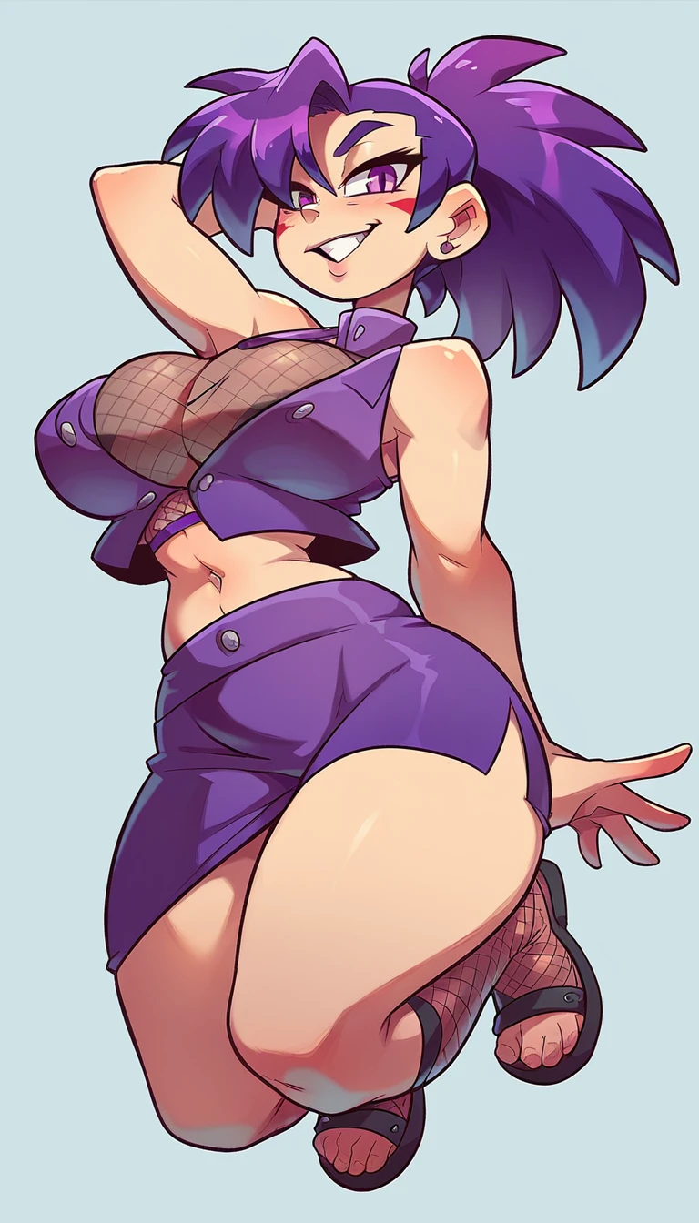 a big age girl big breast beautiful sexy ninja dark purple hair long hip her purple eye black eyelash big round she dresses purple blouse with sleeveless buttons exposed abdomen navel and a short purple skirt pair of net socks Transparent black boot